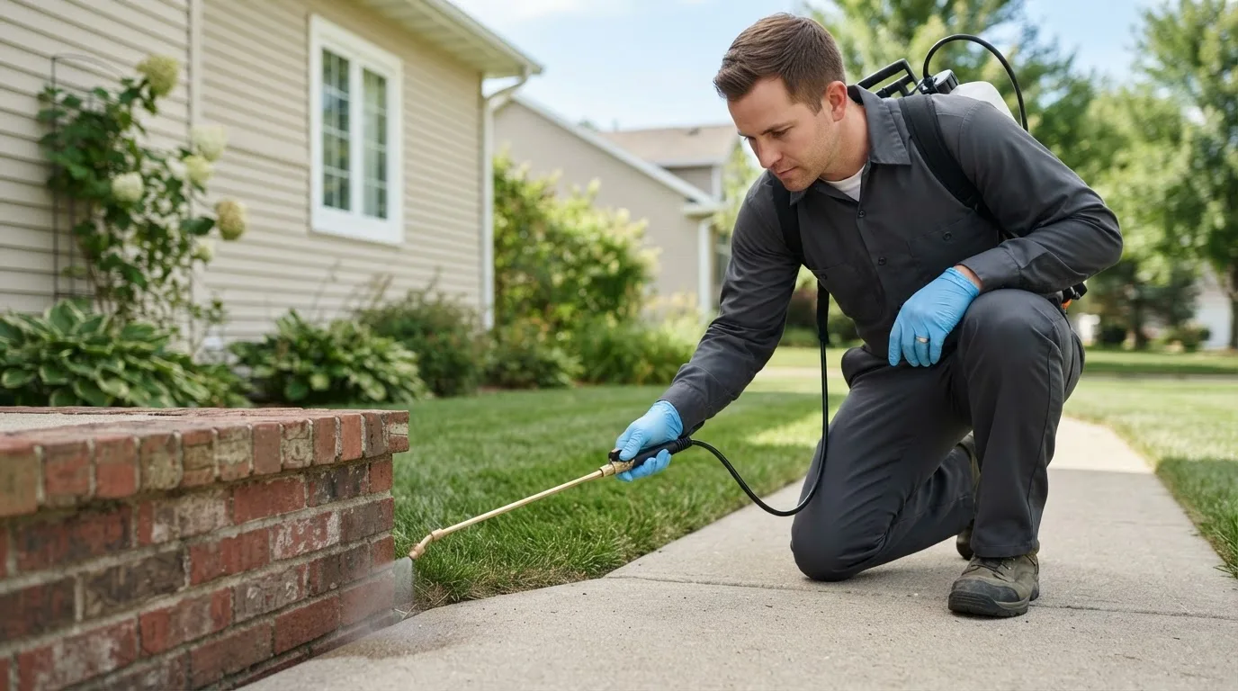 Pest control technician treating a home near Beverly Shores, IN